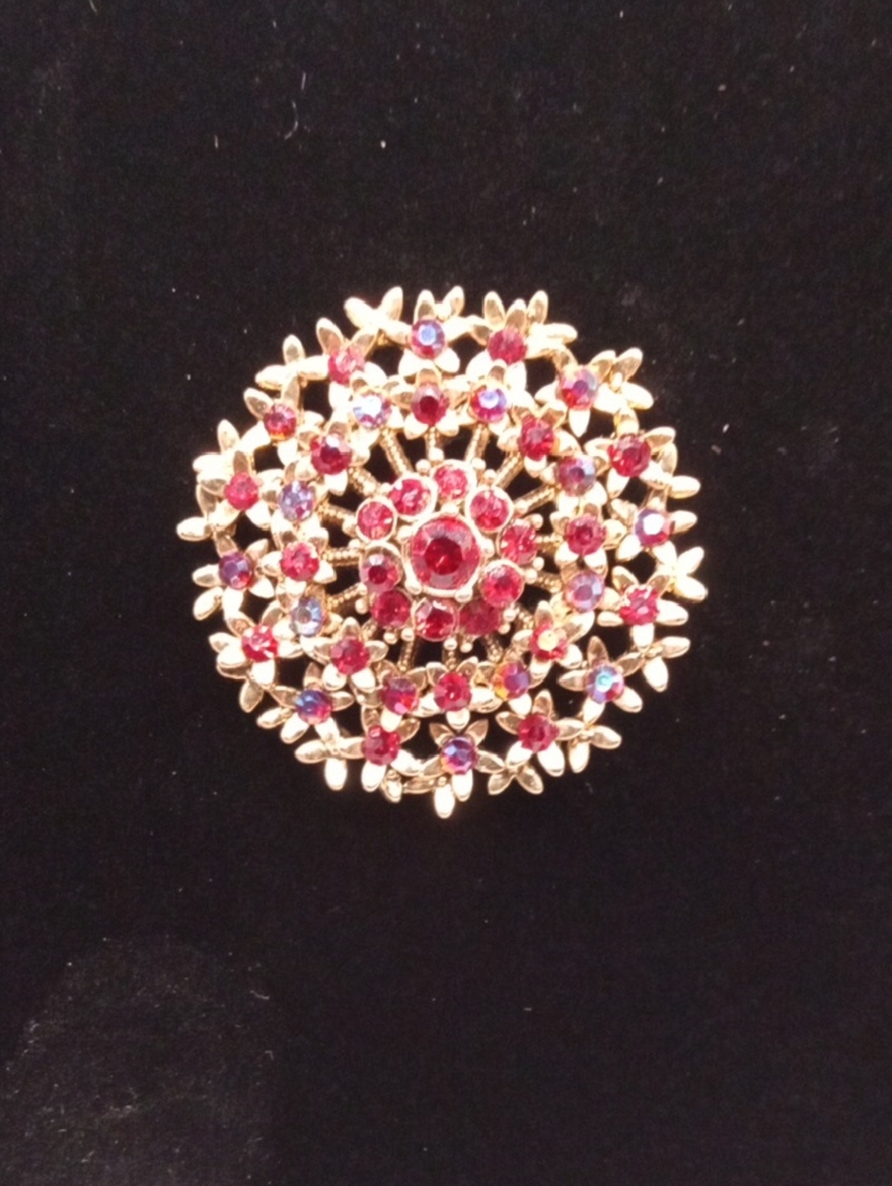 Vintage Gold-Tone Floral Cluster Brooch Pendant or with Red Crystals